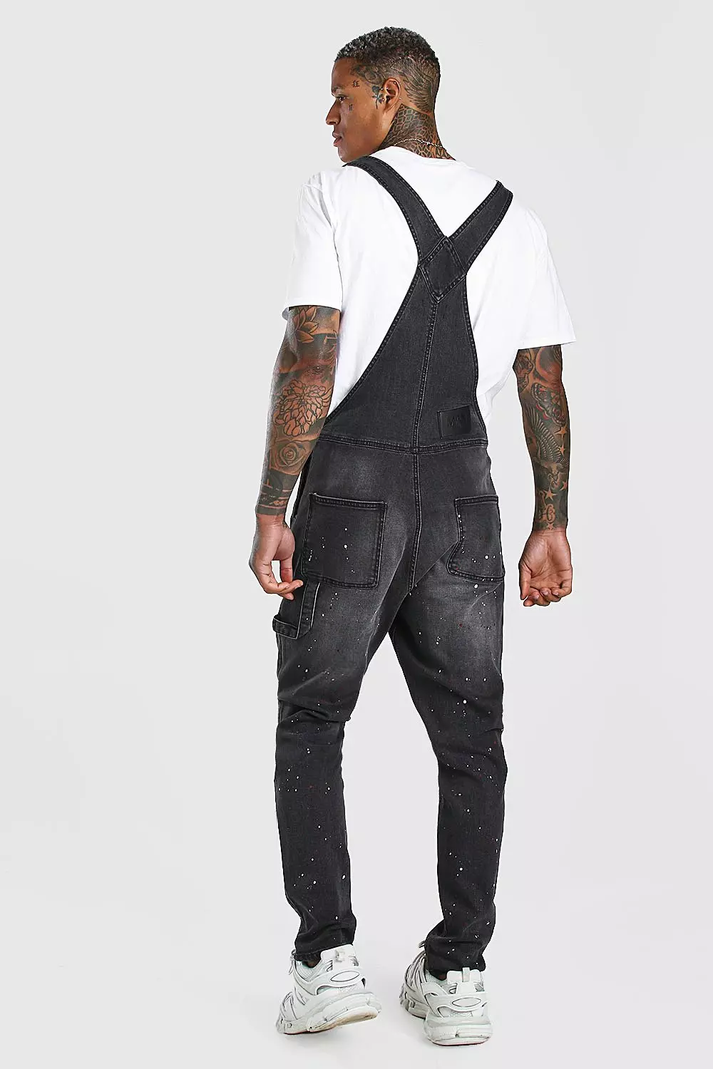 Skinny Long Denim Overalls Paint Splatter boohooMAN USA